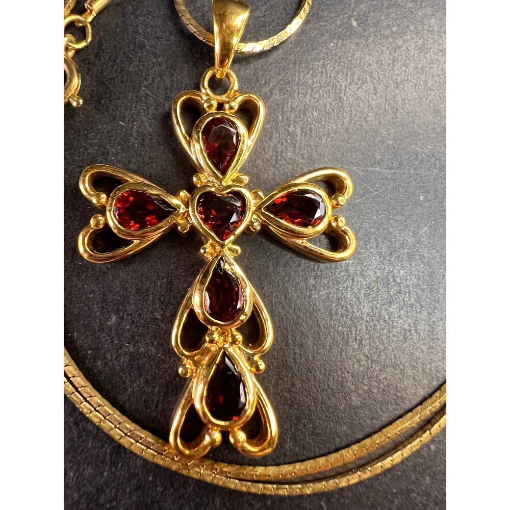 Vintage SETA Garnet Cross Pendant Necklace Gold Tone 24” - Picture 11 of 13